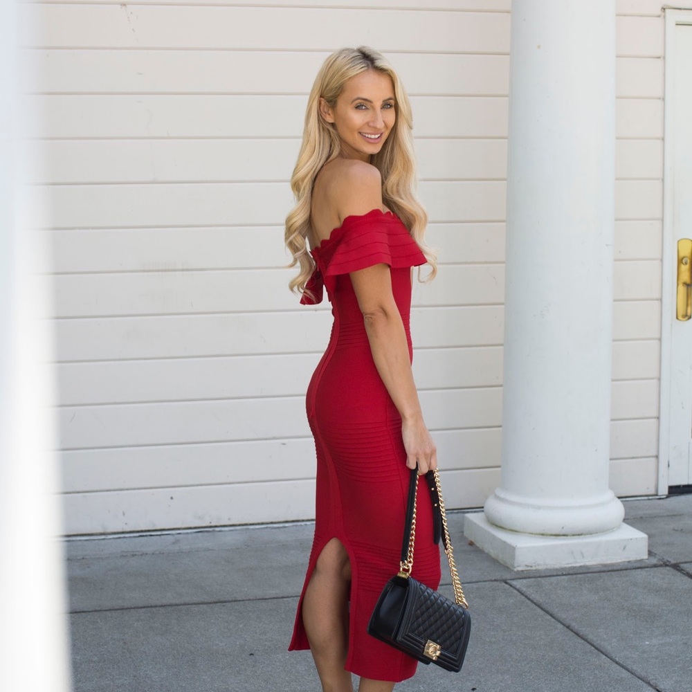 Off The Shoulders Red Bodycon Bandage Dress - Picture 7 of 8